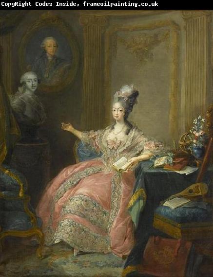 unknow artist Portrait of Marie Josephine of Savoy Countess of Provence pointing to a bust of her husband overlooked by a portrait of her father